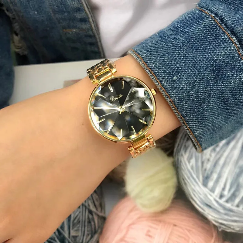 Роскошные Брендовые женские водонепроницаемые часы из нержавеющей стали, японские кварцевые блестящие наручные часы с зеркальной поверхностью - Цвет: Gold Black