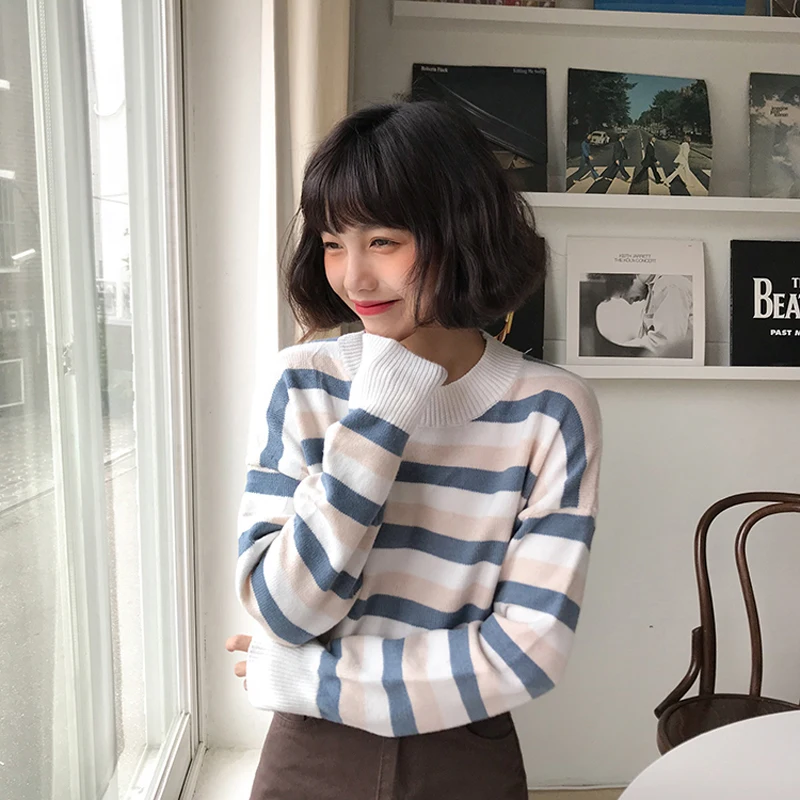 Koreanische Neue Adrette Streifen Langarm Gestrickte Pullover Frauen Herbst Winter Casual Pullover Jumper