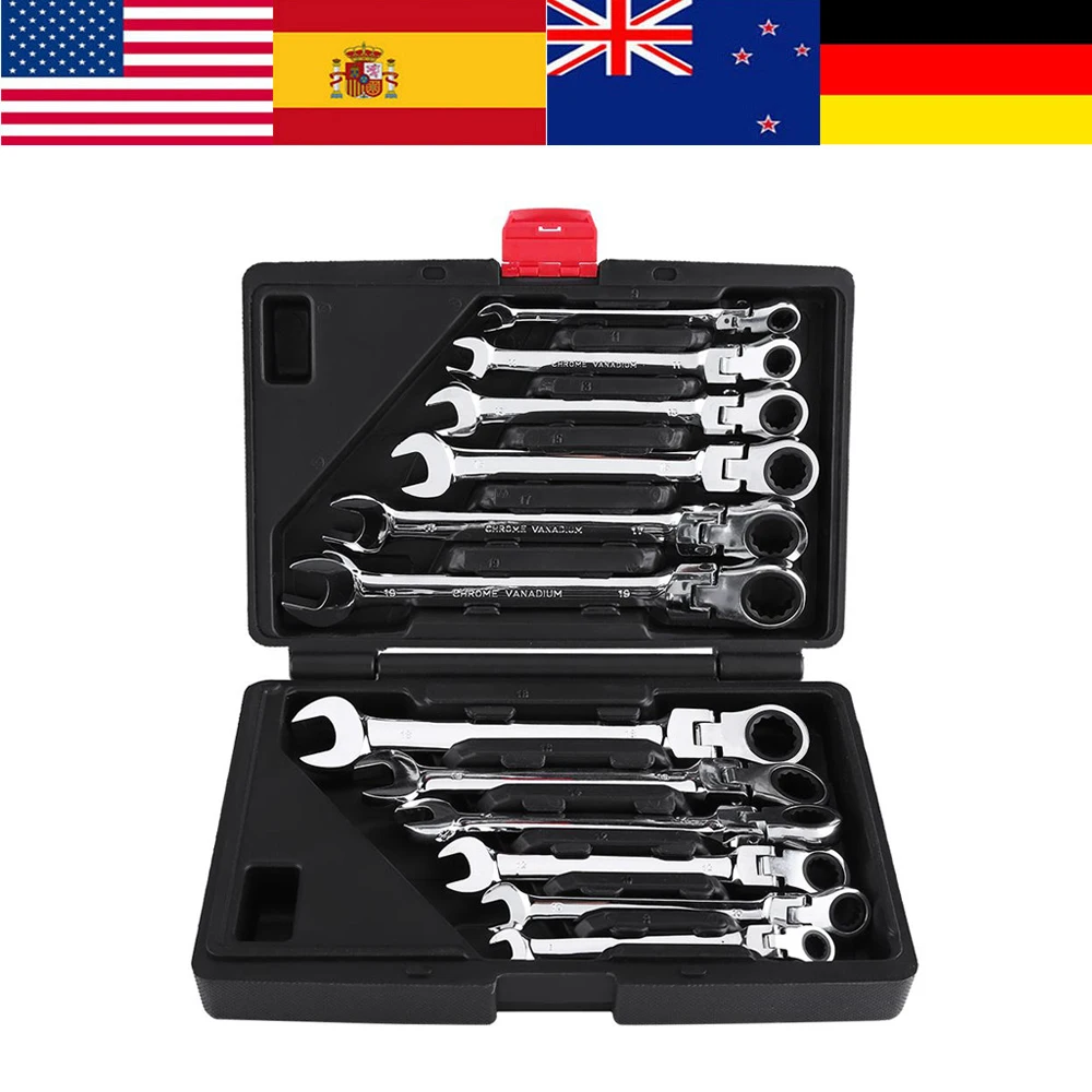 Набор инструментов гаечных ключей. Набор гаечных ключей combination spanner 15pcs 8x8. ratchet wrench set professional tools 8-19. chrome vanadium набор. набор дюймовых головок.