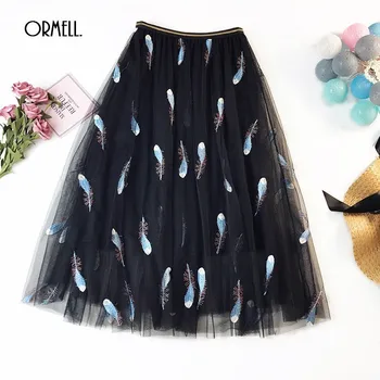

ORMELL Feather Embroidered Tulle Long Skirts Womens 2019 Summer New Casual Ladies Skirts Black White Fashion Elegant Party Skirt