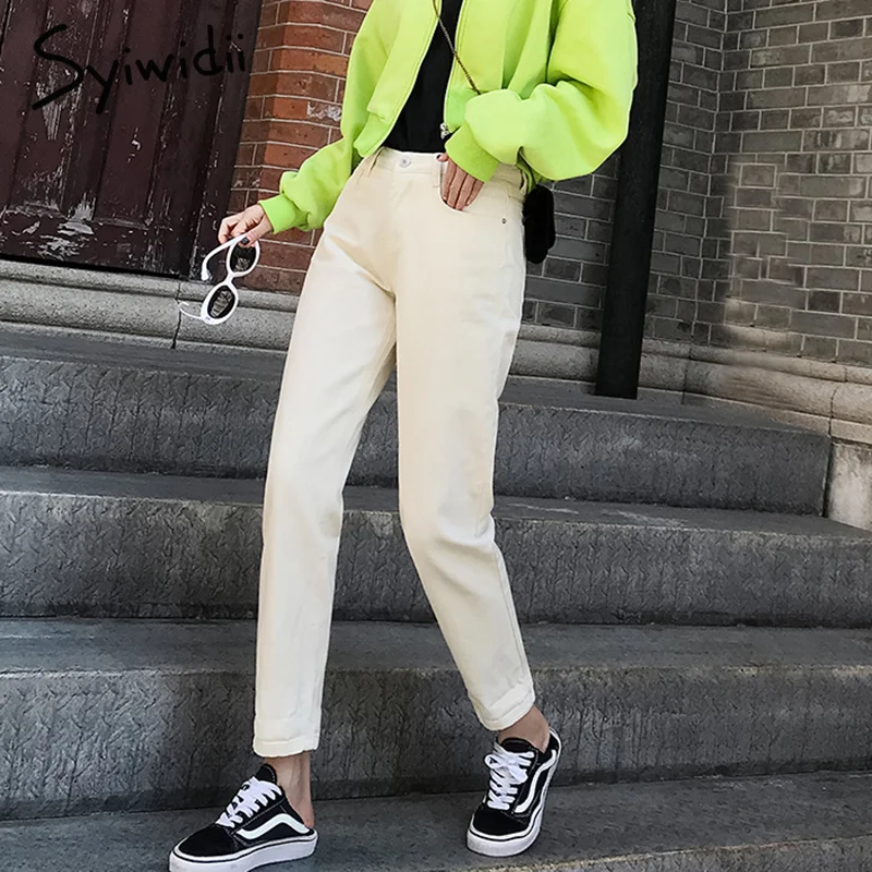 100%cotton White Jeans Women High Waist Harem Mom Jeans spring 2019 new plus size black women jeans denim pants beige blue