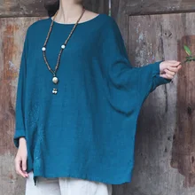 Весна-Осень, женская футболка, хлопковая льняная футболка, футболка с длинными рукавами «летучая мышь», комплект с вышивкой, свободные топы, D575