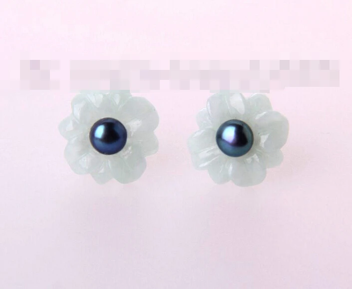 

hot sell new - free shipping 00298 green flower natural jade black freshwater pearl earrings