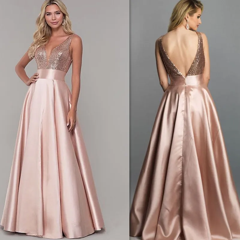 

Perfect V-neck Neckline Upper Sequins Lace Sleeveless Prom Dress with A Belt Backless A-line Evening Dress Special Occasion