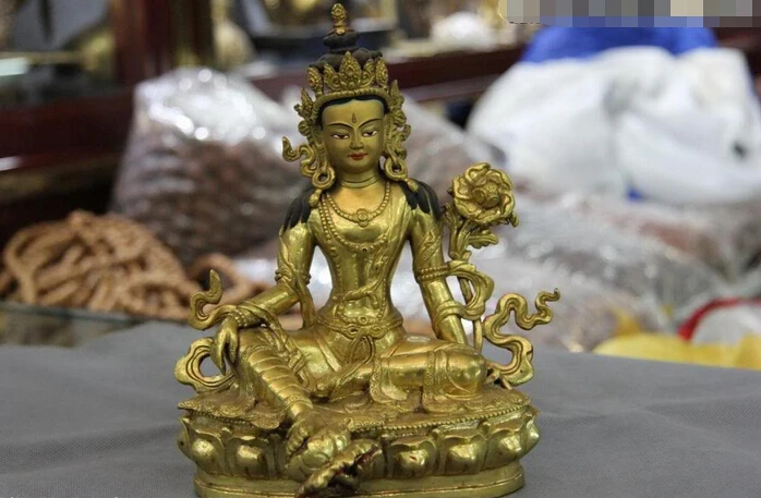 

Collectible bronze S2864 Tibet 100% Pure Bronze 24K Gold Gild Green Tara Guan Yin Kwan-yin Goddess Statue B0403