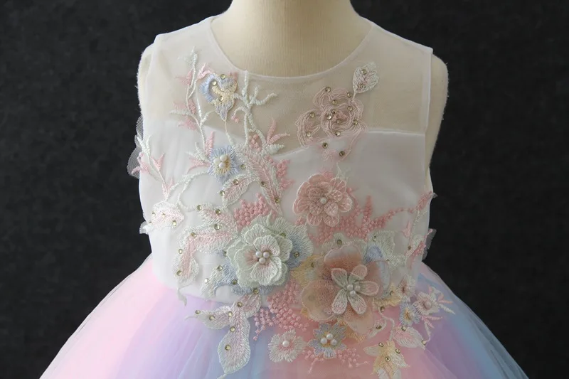 От 1 до 6 лет Девушки платье для девочек в цветочек, платье для танцев, выступлений платье для приема для детей с аппликацией в виде радуги платье принцессы