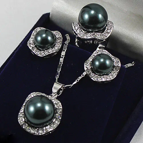 

Women's Wedding 10mm &14mm Black South Sea Shell Pearl Earrings Ring &Necklace Pendant silver mujer moda