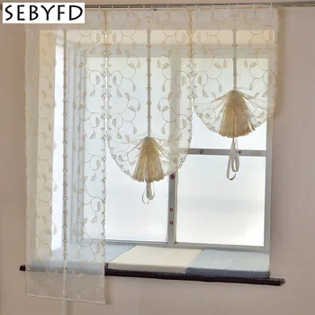 

Terylene tulle Gold foliage Embroidered Pattern , Balloon Window Curtains for Kitchen Bedroom Living Room Decorative