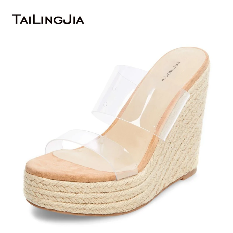 

Wedge Heel Nude Summer Shoes Open Toe High Heel Platform Slip On Woman Summer Clear Transparent PVC Beach Shoes Brand Wholesale