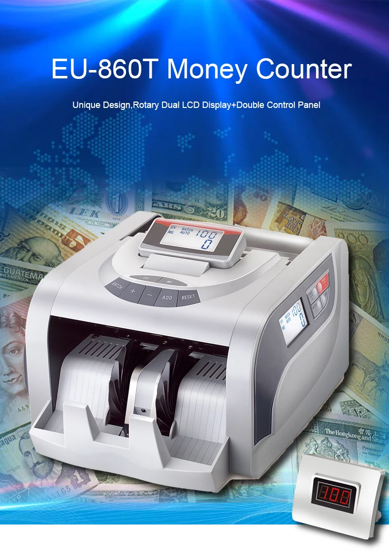 Contador de Moeda Dinheiro com Detecção Máquina de Contagem de Dinheiro uv + mg Equipamento Financeiro Atacado Eu-860t 2 Contador de dinheiro/detector