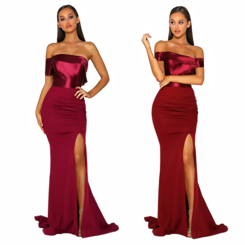 

Off The Shoulder Boat Neck Maxi Dress Night Party Patchwork Satin Pleated Split Leg Floor Lenght Long Mermaid Dress