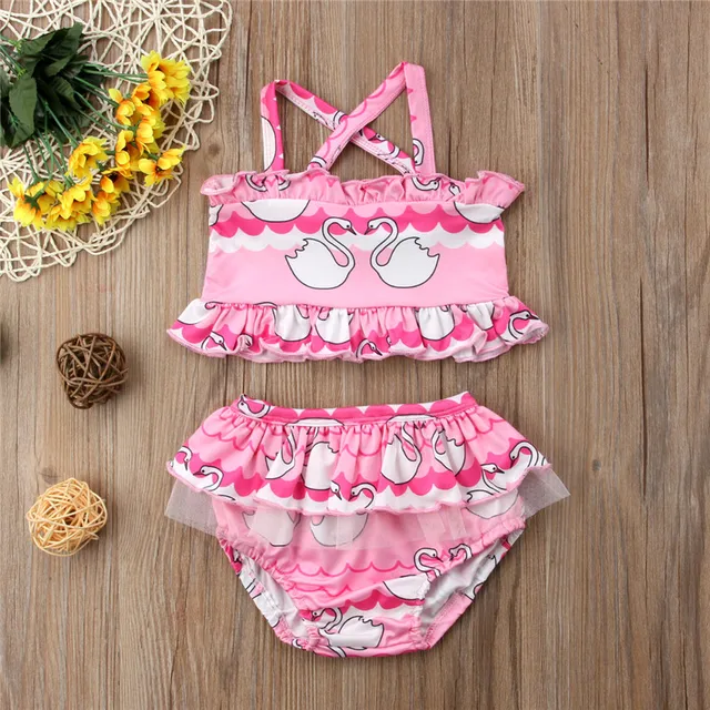 Cute Baby Girls Two Pieces Bikini Set 2018 Kids Baby Girl Swan Pattern