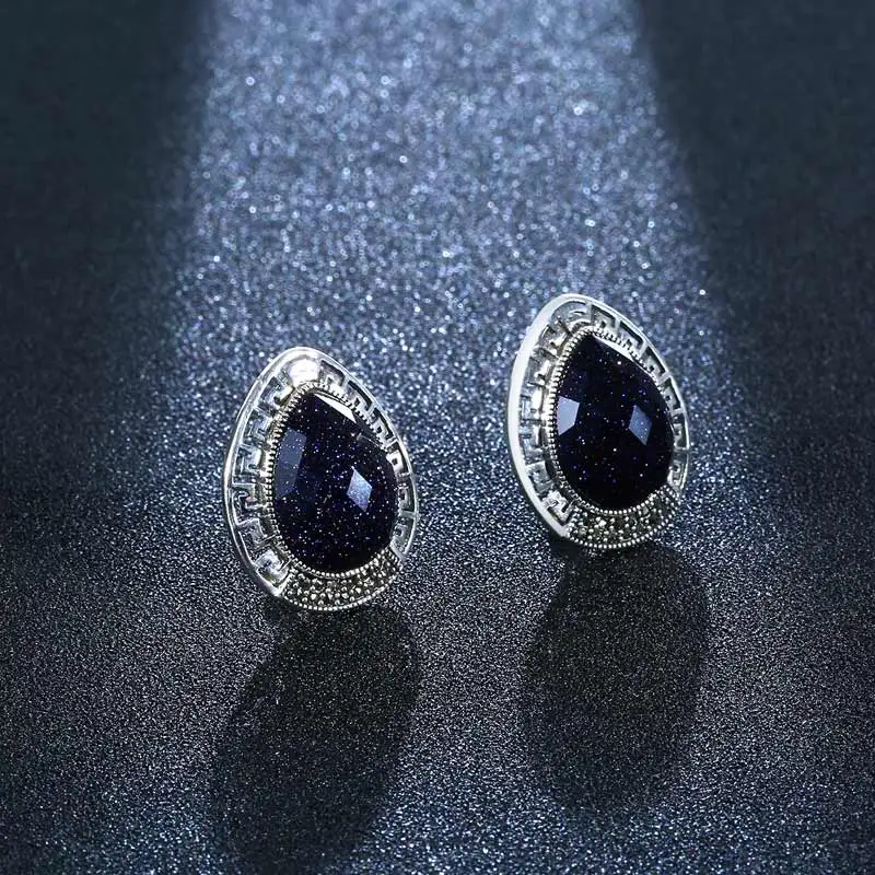 

925 Sterling Silver Black Gemstone Stud Earrings Wedding Fine Jewelry Original Design Aventurine Earrings for Women