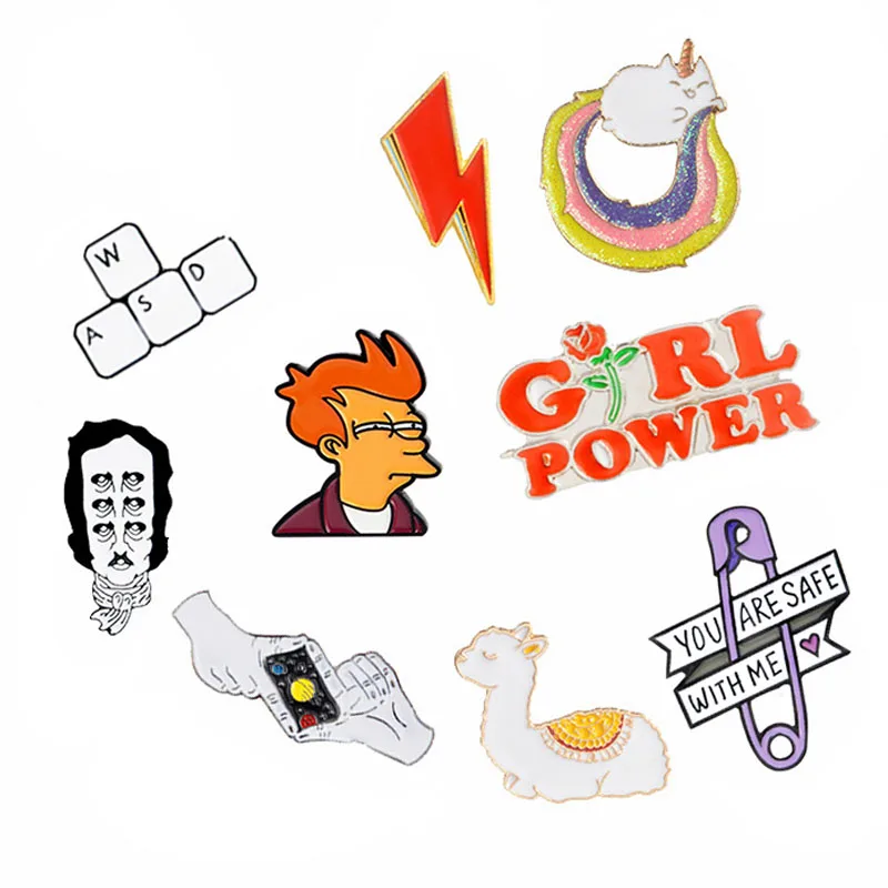 

Cartoon Pins and Brooches Galaxy Keyboard Girl Power Frog Alpaca Animal Badges Lapel Jewelry Collection