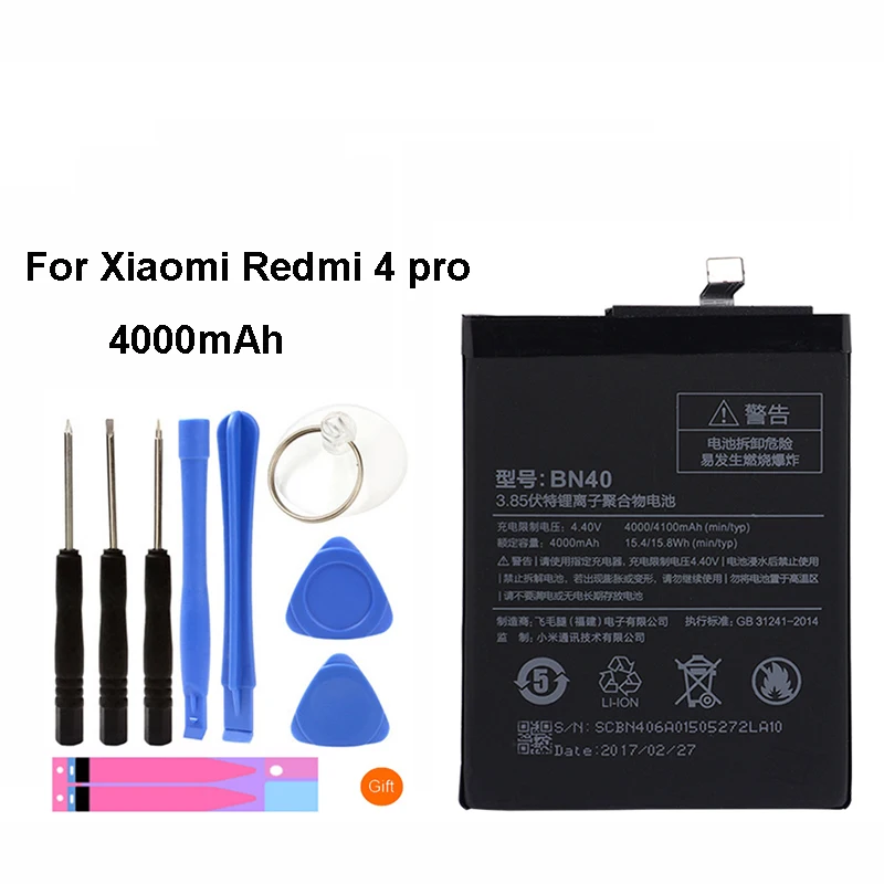 

Original BN40 Mobile Phone Battery For Xiaomi Redmi 4 Pro Real Capacity 4000mAh Replacement Li-ion Battery + Tool