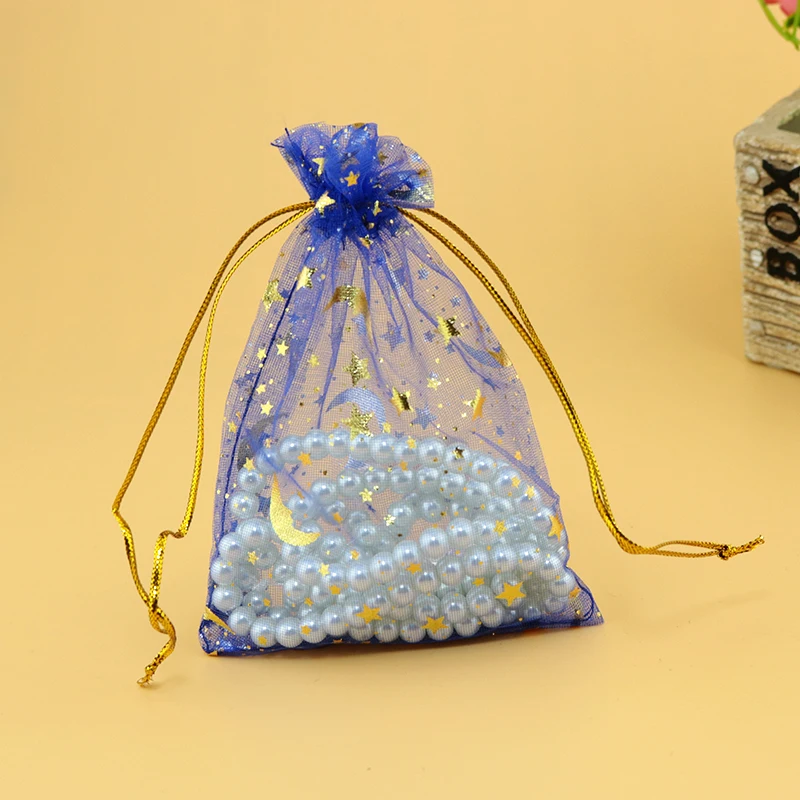 

Hotsale 500pcs/lot Moon Star Royal Blue Organza Bags 9x12cm Small Drawstring Gift Bag Charms Jewelry Packaging Bags & Pouches