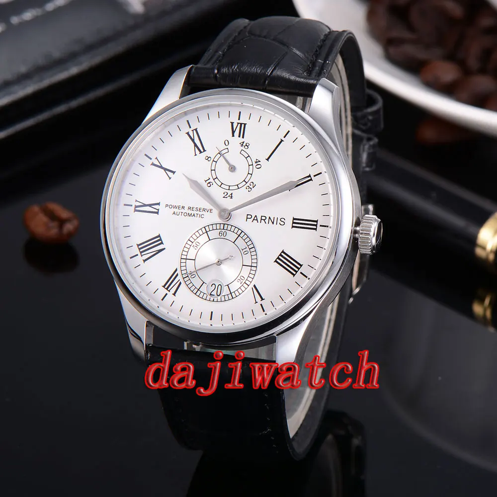 Parnis 43mm watch Power Reserve white/black dial mechanical Automatic Watch men Leather Strap Parnis 43mm watch Power Reserve white/black dial mechanical Automatic Watch men Leather Strap