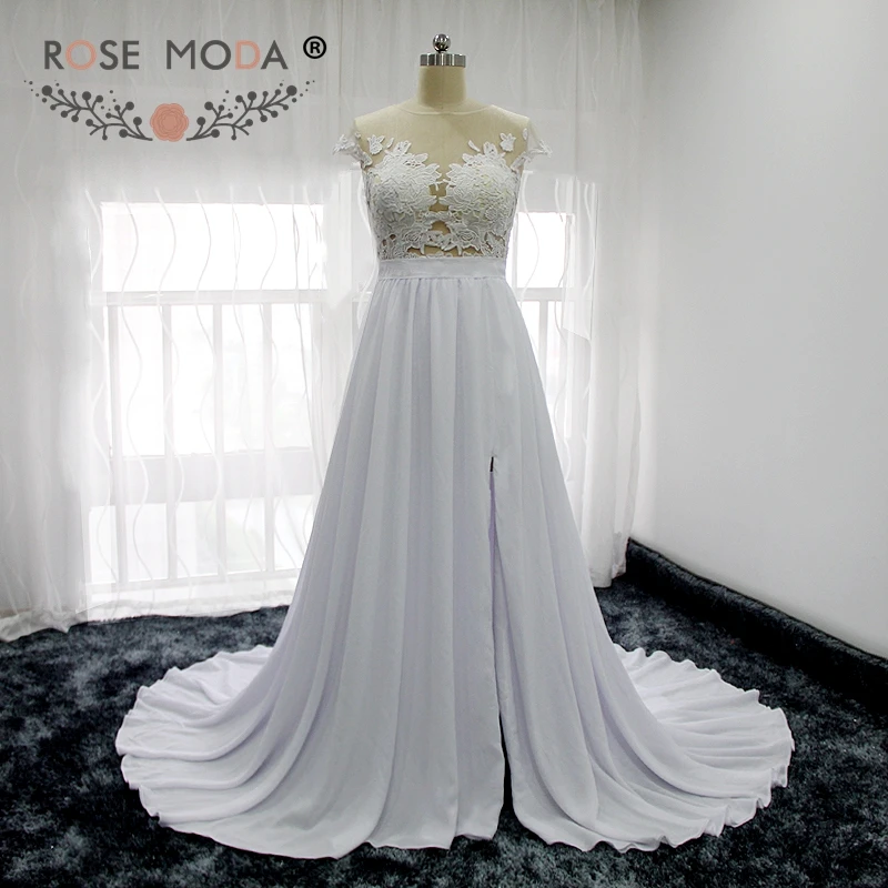

Rose Moda Short Cap Sleeves Lace Boho Wedding Dress with Slit Backless Beach Wedding Dresses 2019 Real Photos