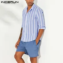 INCERUN льняная рубашка с вертикальными полосками и квадратным воротником, семь точек, новая хлопковая рубашка, Повседневная Свободная полотняная Мужская рубашка для мужчин