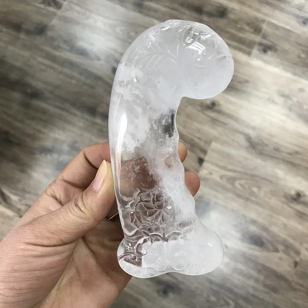 

Hand Carved High Quality Unique Natural Clear Quartz Crystal Carving Handle of Knife Sword with Flowers Ivy SQ