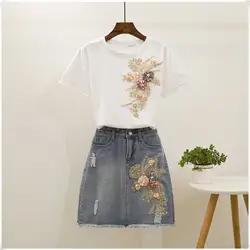 2019 летний женский комплект, хлопковая футболка с короткими рукавами с цветочной аппликацией и бусинами + короткая джинсовая юбка с рваными