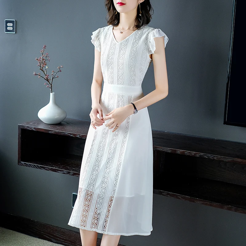 JINGRUI White Lace Summer Women Dress A-Line Patchwork Office Lady Butterfly Sleeve Female Dress Mid-Calf V-Neck Women's Dresses