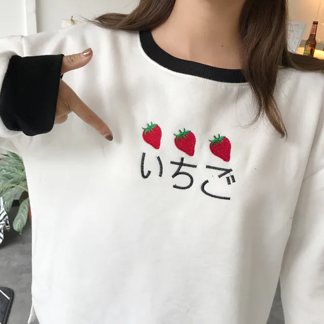 Harajuku Women Hoodiies Japanese Strawberry Embroidery Stitching Round Neck Long Sleeve Cute