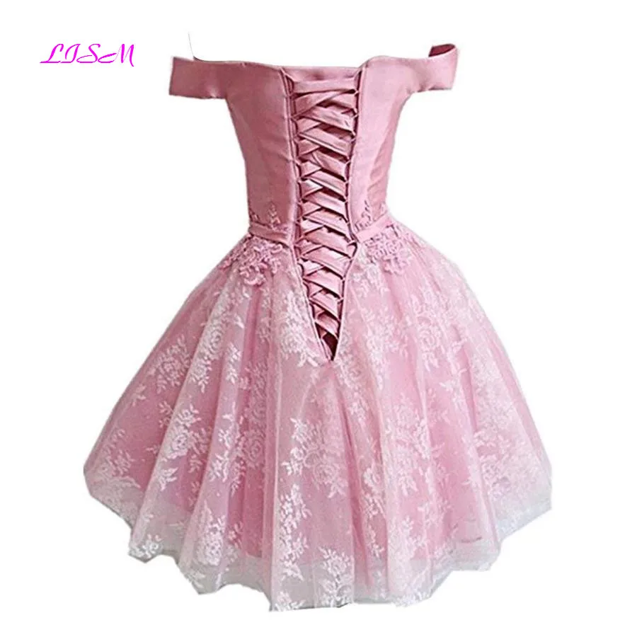 Fora do ombro mini vestido de baile renda applique curto princesa vestidos de baile rosa tule cocktail vestidos de graduação