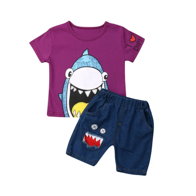 

Kids Boy Cartoon Shark Denim Clothes Set Child Cute Short Sleeve T Shirt Jeans Shorts 2 Piece Outfits