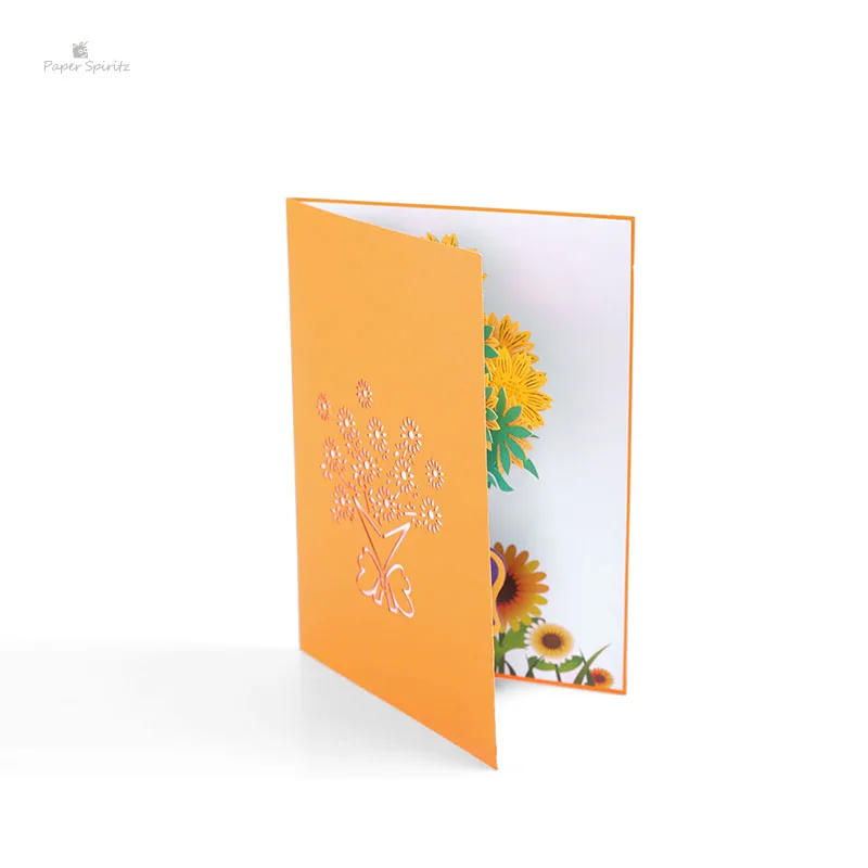 PAPER SPIRITZ Sun flower bouquet laser paper pop up card with envelope blank invitations greeting gift cards wedding invitation