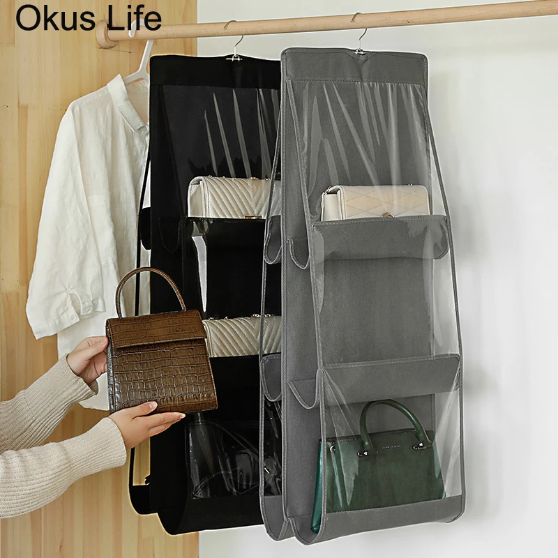 

Quality 6 Pocket Hanging Bag Organizer Wardrobe Transparent Storage Bag for Handbag Closet Organizer Door Wall Sundries Pouch