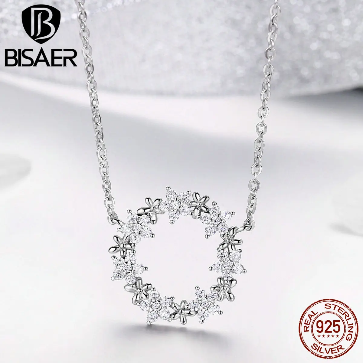 

BISAER Elegant 925 Sterling Silver Luminous Star Clear Cubic Zircon Round Star Circle Necklaces Pendant Women Jewelry EFN028