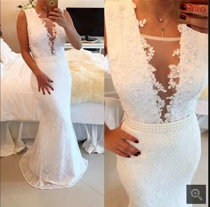 Best Price Sexy white lace deep v neck mermaid evening dress formal sheer back sleeveless appliques beaded evening gowns best selling Best Price Sexy white lace deep v neck mermaid evening dress formal sheer back sleeveless appliques beaded evening gowns best selling