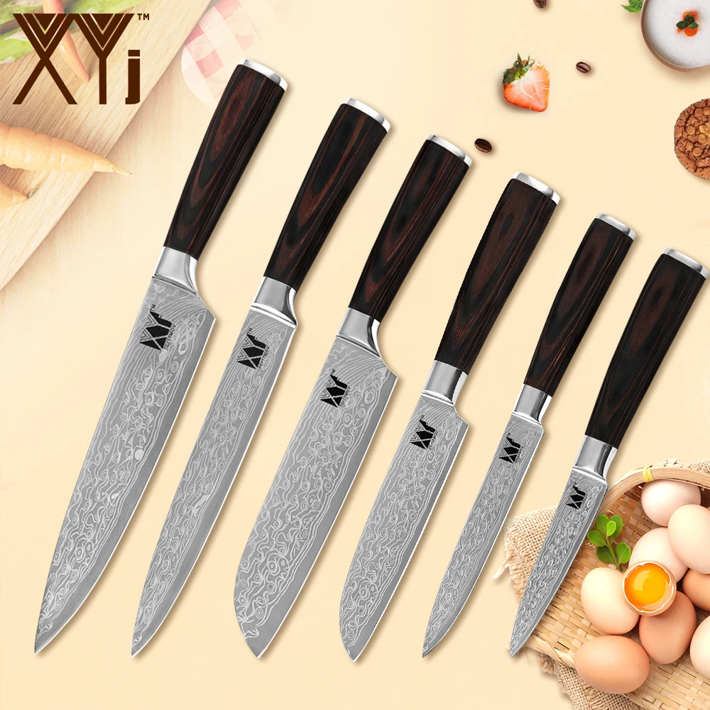 

XYj 6 Piece Set Stainless Steel Kitchen Knife Non-slip Handle Damascus Pattern Sharp Blade Knife Fish Meat Cooking Accessories