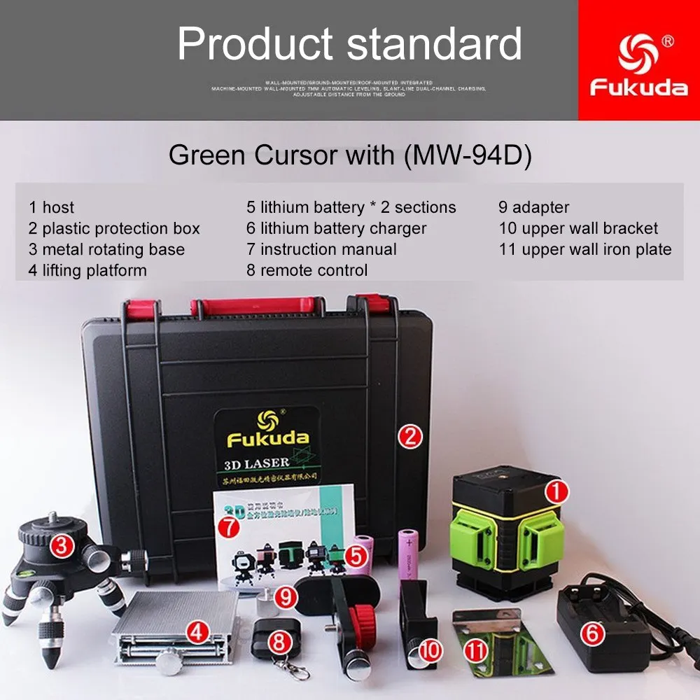

3D Green Laser Level with Free Lifting Platform 12 Line MW-94D Vertical and Horizontal Laser Level Self-leveling Cross Line