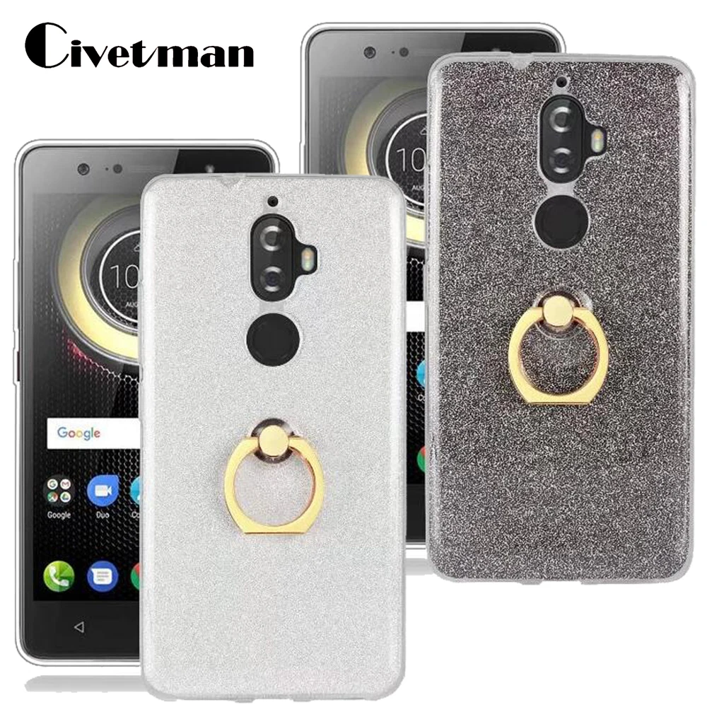 

Cover Mobile Phone Case For Lenovo K8 Plus k8 Note High Quality TPU Silicone Shell Flash Glitter Powder Metal Finger Ring Stand