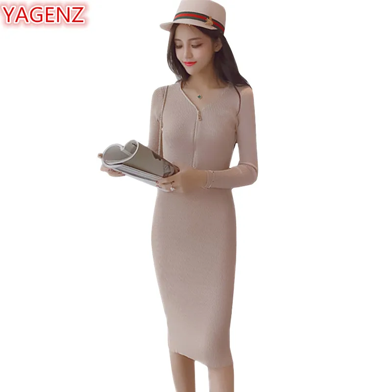 YAGENZ Women Knit Sweater Dress Pullovers Spring Autumn Zipper V collar Fashion Package hip Long sleeve Red 789 | Женская одежда