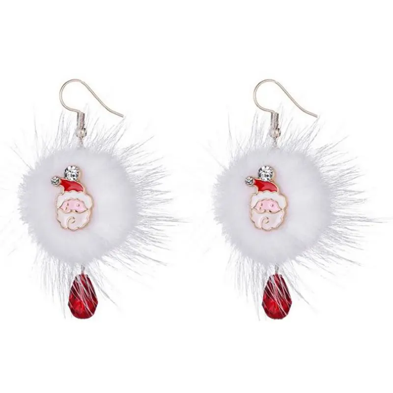 

Christmas earrings Cute ball shape plush Kawaii santa claus ears pierced jewelry Fashion shiny rhinestone jewelry gift