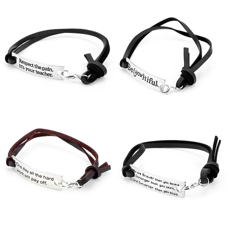 "Респект боль" Серебряный тон Выгравированная надпись "Be {you} tiful" Шарм Кожаный браслет Прямоугольник подтверждение ювелирные изделия Выпускной подарок-25