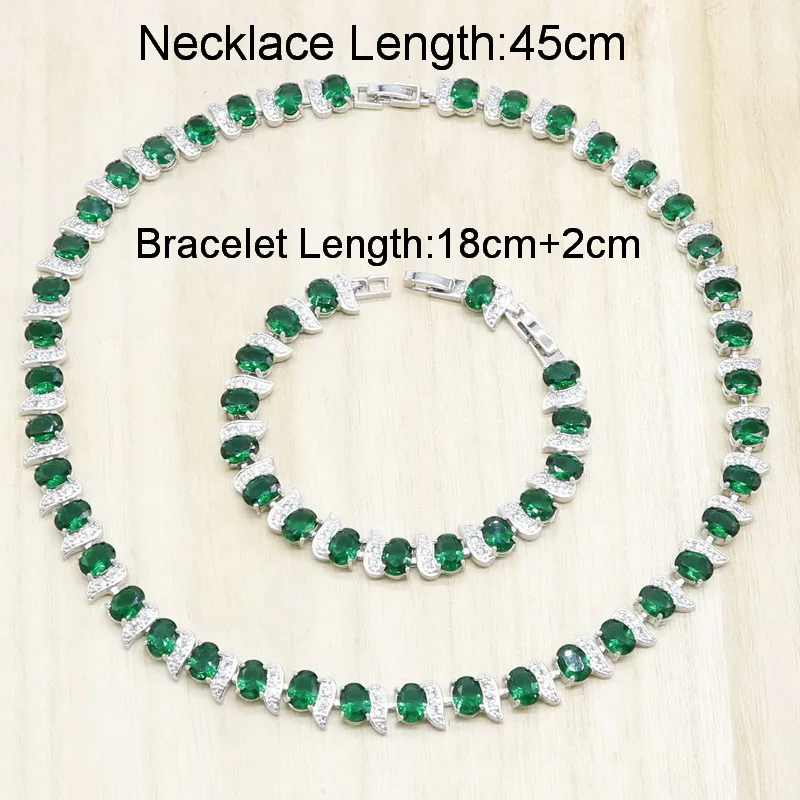 Geometric Green Crystal Necklace Earrings Bracelet 925 Sterling Silver Jewelry Sets for Women Party Wedding Bridal Jewelry