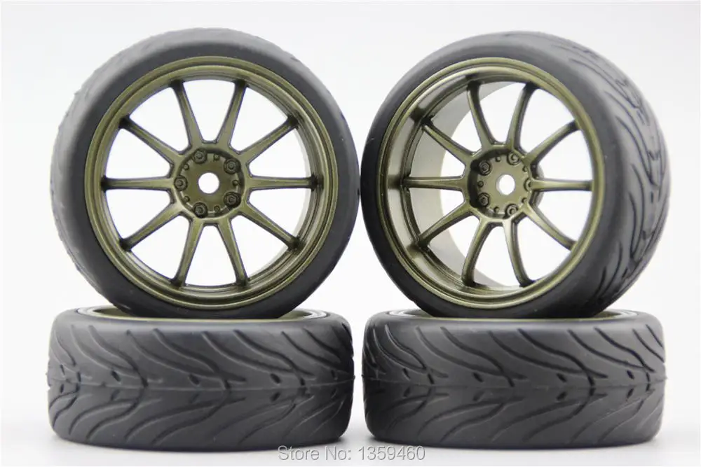 

4pcs RC 1/10 Soft Rubber On Road Car Tire Tyre Wheel Rim W10S2BR 4mm Offset(Painting Brozen) 10507(4)+Rubber Tire