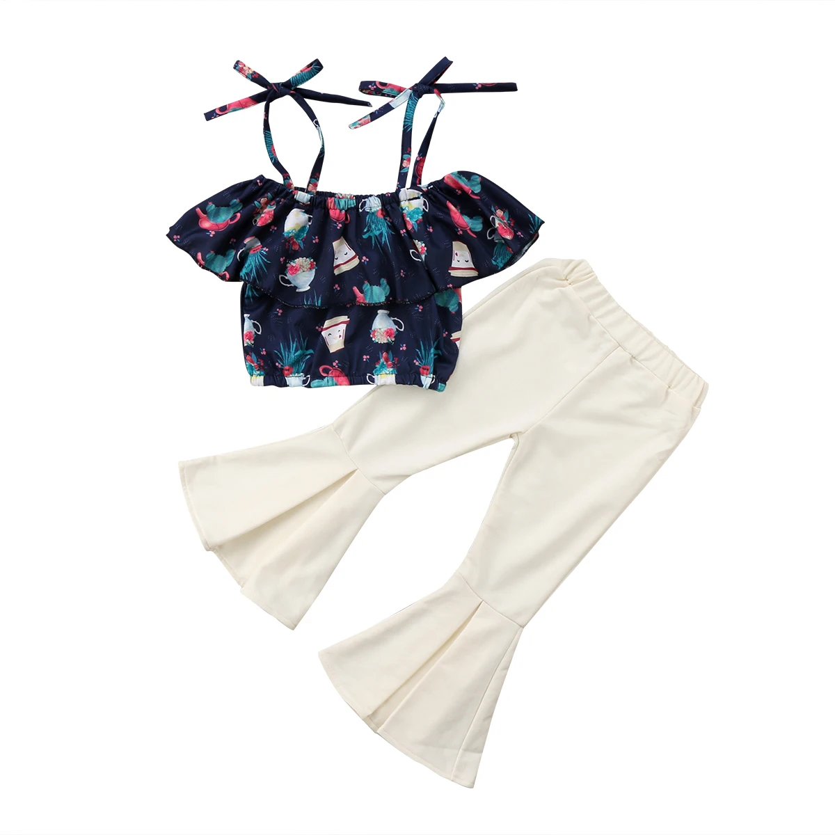 

Stylish Toddler Kids Baby Girl Summer Clothes Off Shoulder Floral Tops Flare Long Pants Outfits Sleeveless Sunsuit Clothing Sets