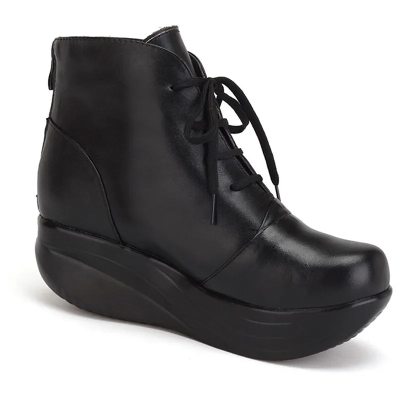 Véritable Chaussures Taille Black À Lin D'hiver Noir Femmes Coins Bottes Lacets Courtes Chaud Roi Plate Balançoire forme Grande Zipper Bottines En Cuir D9IWEHY2