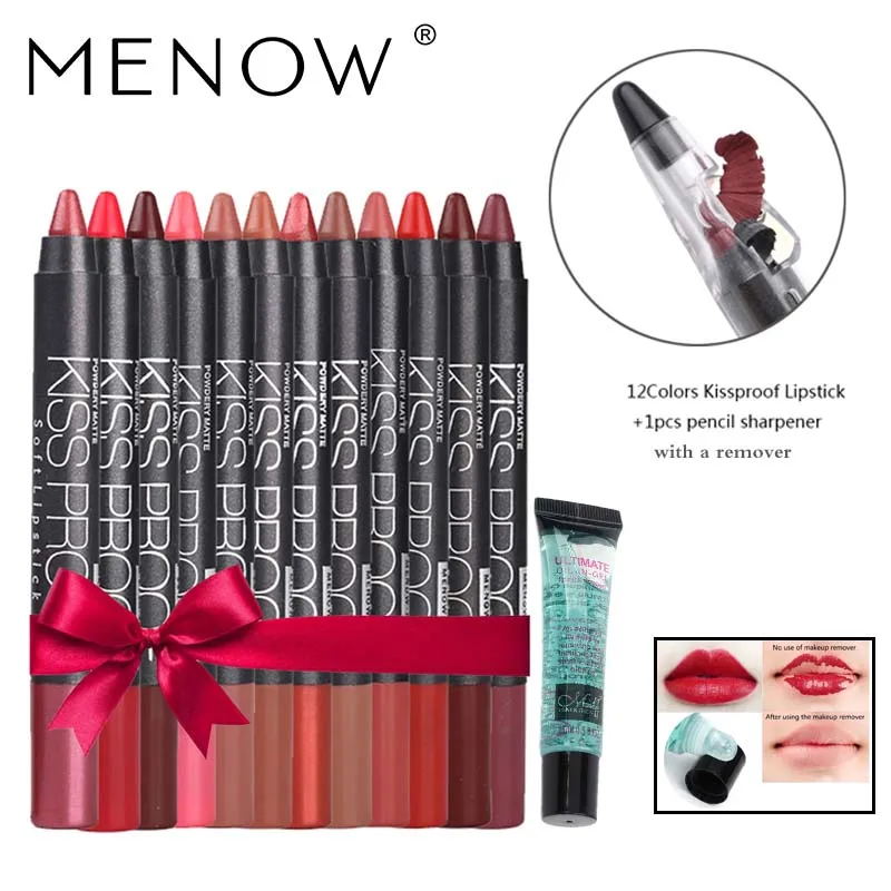 

Menow Make up set 12 Color/Pack Kiss proof Waterproof Lipstick Gift 1Pcs Pencil sharpener and 1Pcs Remover gel drop ship 5366