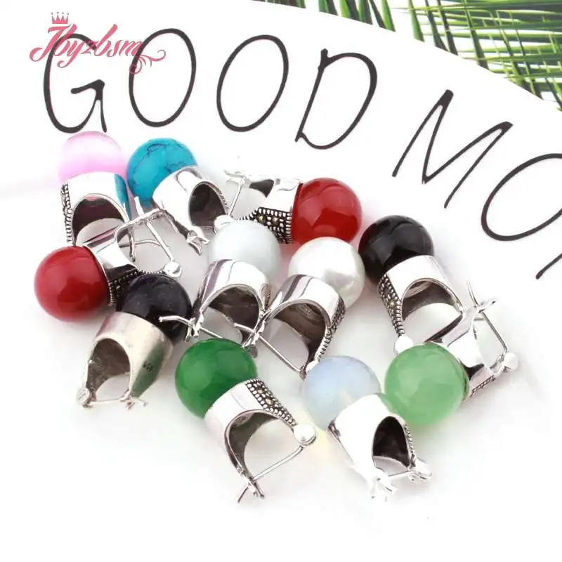 

12mm Smooth Round Inlaid Gem Stone Beads Marcastie Tibetan Silver For Party Trendy Fashion Earring for Women XMAS Gift 1 Pair