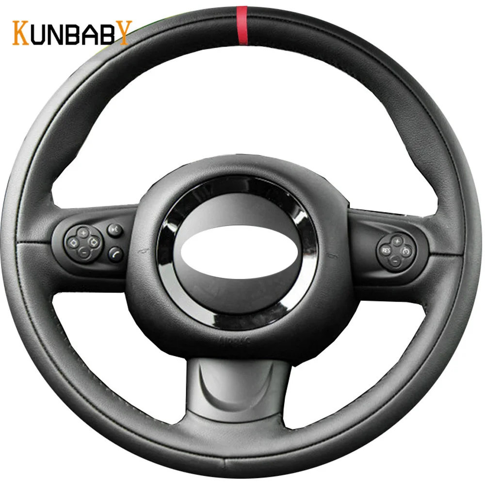 

KUNBABY Car Styling Black Genuine Leather Car Steering Wheel Cover Red Color Marker on Top for BMW Mini Coupe Car Accessories