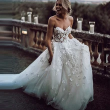 Свадебное платье в стиле бохо аппликация с 3D цветы многоярусная юбка из тюля платье трапециевидной формы пикантное пляжное с открытой спиной; обувь под свадебное платье для невесты белое свадебное платье
