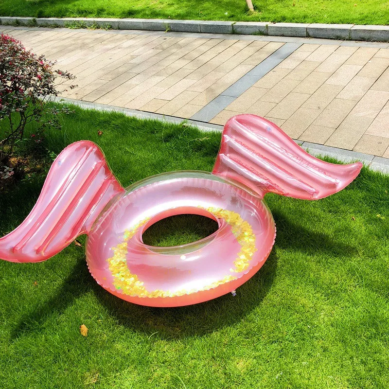 New Giant Inflatable Flamingo Wings Swimming Ring With Colorful Glitters Inside Pool Float Swimming Circle for kids and adults