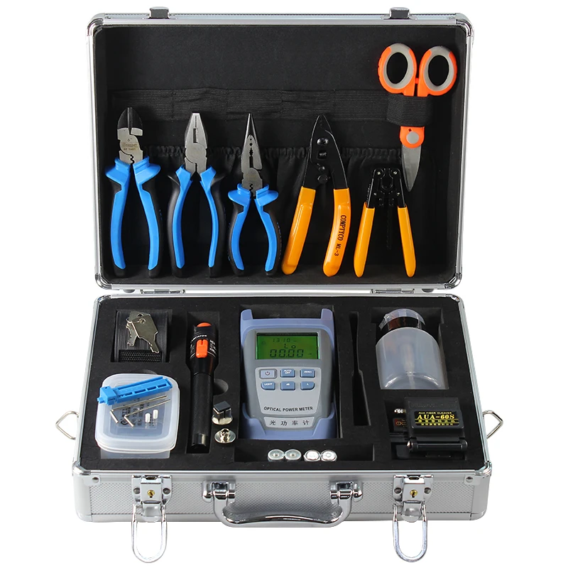 

Fiber Optic FTTH Tool Kit with AUA-60S Fiber Cleaver and Optical Power Meter 10MW Visual Fault Locator wire stripper toolbox set