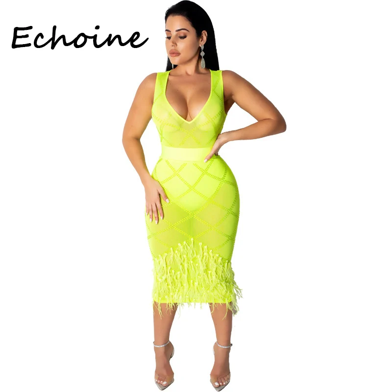 

Echoine Sexy Sheer Mesh Bodycon Dress Diamond See Through V-neck Midi Dress Clubwear Summer Clothes For Women Plus Size 2xl